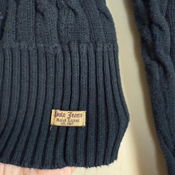 Ralph Lauren Navy Blue Cableknit Hooded Button Henley Hoodie Sweater Large y2k - Picture 7 of 10